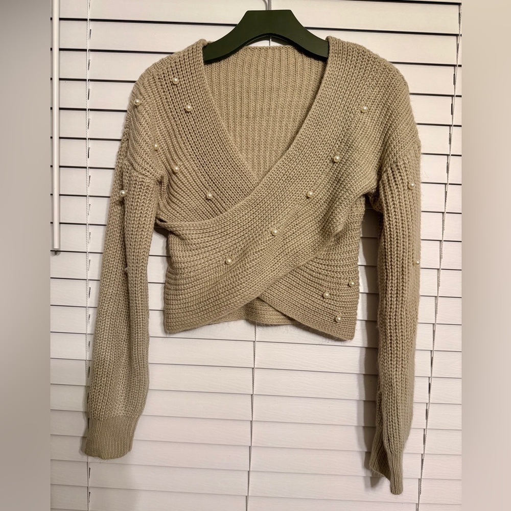 Tan Beige Wrap Front Long Sleeve Sweater White Bead Detail Soft Acrylic S/M